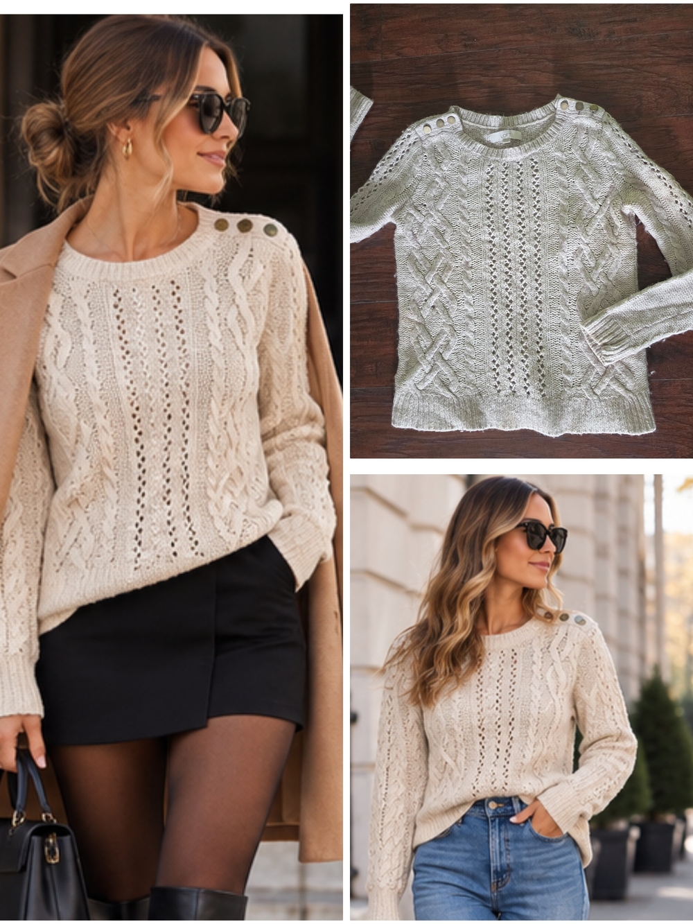 LOFT Cream Wool Cable-Knit Crewneck Sweater with Shoulder Buttons